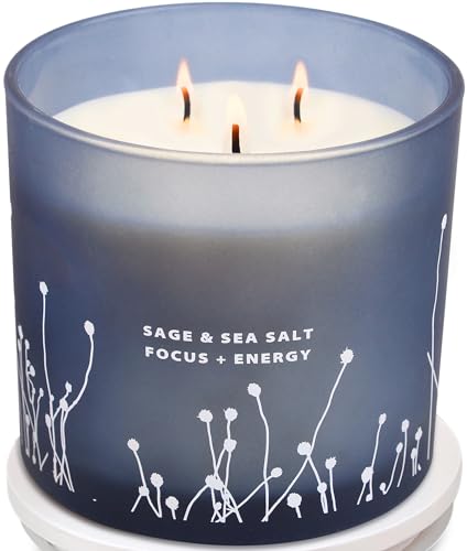 White Sage Sea Salt 3 Wick Candle 14.5 oz | Sage Candles for Cleansing House | Large Soy Candles for Home Scented | Aromatherapy Energy Cleansing Sage Scented Candles for Women & Men