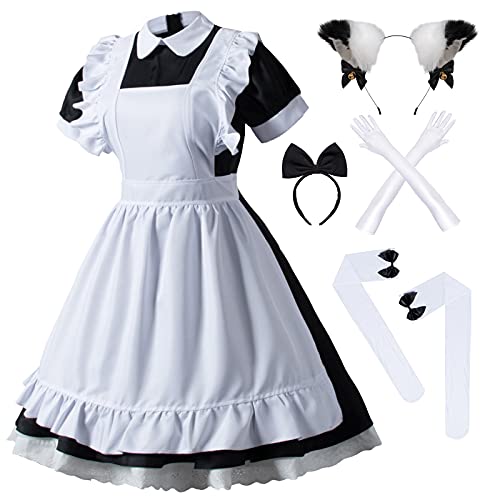 Wannsee Japanese Anime 6Pcs Lolita French Maid Apron Fancy Dress Cosplay Costume Gloves Headwear Socks set(Black Plus size 5XL)