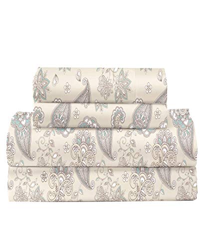 Feather & Stitch Softest 100% Cotton Sheets, 4 Pc Set, 300 Thread Count Percale Weave Bedding, 16' Deep Pocket, Cooling Sheets, Breathable Bed Set (Queen, Beige Paisley)