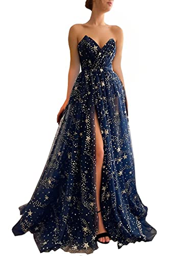 Smileven Women's Strapless Prom Dresses Long 2024 Sparkle Starry Tulle Sleeveless Backless V-Neck A-line Slit Formal Evening Gowns,Navy Blue US18W