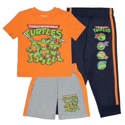 Nickelodeon Teenage Mutant Ninja Turtles Boys 3-Piece Pants Set - Short Sleeve Tee, Shorts, & Jogger TMNT 3-Pack Bundle Set (Size 7, Orange/Grey/Navy)