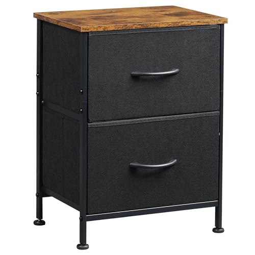 WLIVE Nightstand, 2 Drawer Dresser for Bedroom, Small Dresser with 2 Drawers, Bedside Furniture, Night Stand, End Table with Fabric Bins for Bedroom, Closet, Entryway, Black and Rustic Brown