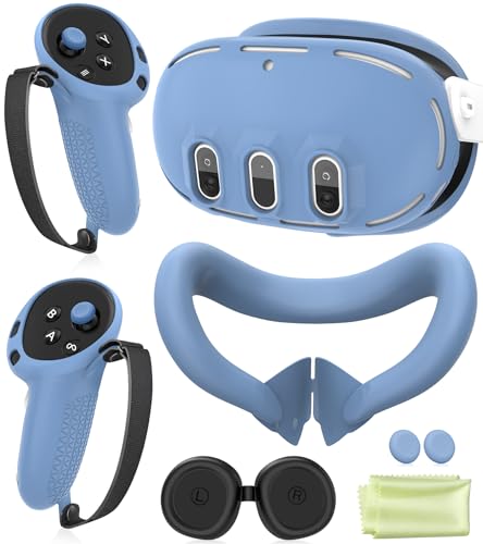 Silicone Cover Set Compatible with Oculus/Meta Quest 3, VR Accessories Protective Cover Includes Controller Grips, Front Shell Headset Cover and Face Cover (Haze Blue)