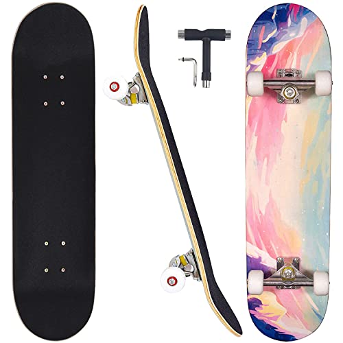 CAPARK Skateboards for Beginners Adults Youths Teens Kids Girls Boys 31 Inch Pro Complete Skate Boards 7 Layer Canadian Maple Double Kick Concave Longboards (Ocean)