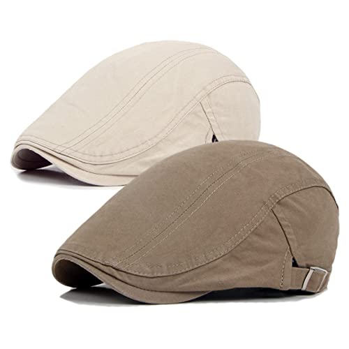 Qossi 2 Pack Newsboy Hats for Men Flat Cap Cotton Adjustable Breathable Irish Cabbie Ivy Driving Hunting Hat, Khaki/Beige