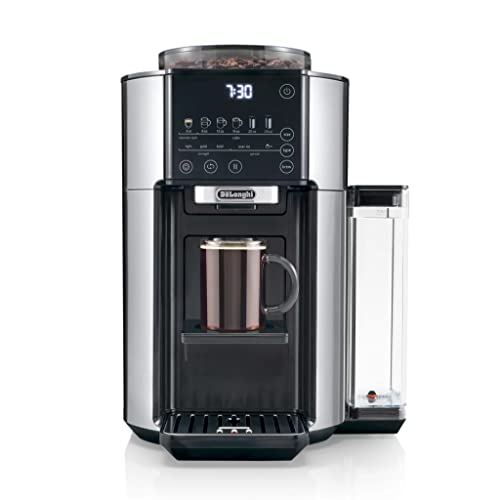 De'Longhi TrueBrew Drip Coffee Maker, Built in Grinder, Single Serve, 8 oz to 24 oz, Hot or Iced Coffee, Stainless, CAM51025MB, 15'D x 13.7'W x 15.8'H