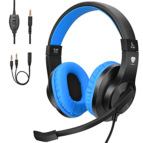 BlueFire Kids Headphones for Online School, Children, Teens, Boys, Girls, 3.5mm Stereo Over-Ear Gaming Headphone with Microphone and Volume Control for PS4, PS5, New Xbox One（Blue）