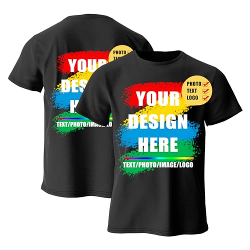 Custom T Shirts,Black Personalized Your Own Crewneck Tee Shirt, Customized Design Image/Text/Photo Cotton Men Women