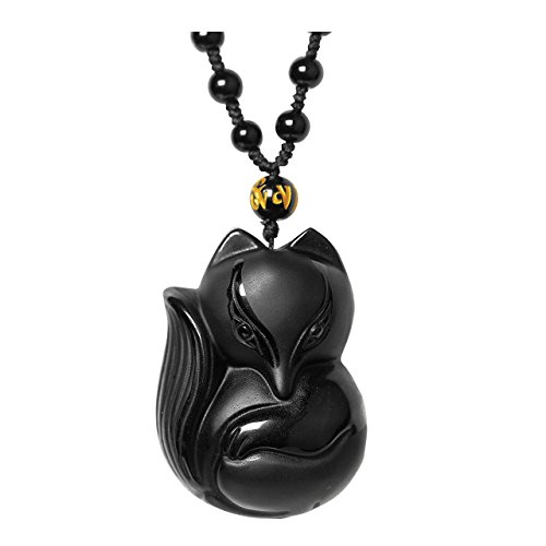Jovivi Natural Black Obsidian Fox Necklace Healing Crystal Gemstone Necklaces Pendant Protection Amulet Charm
