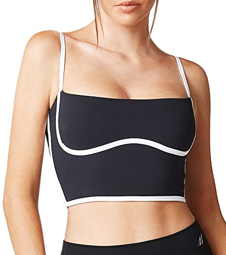 Move With You Sleeveless Spaghetti Strap Padded Sports Bra Tank Tops Square Neck Double Layer Workout Fitness Basic Crop Tops(Black,M1)