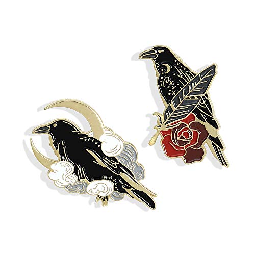 Black Crow Enamel Pins Set Art Rose Moon Lapel Pin Cute Aesthetic Badges for Children Women Backpack Shirt Denim Bag (2pcs)