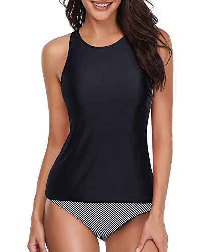 Holipick Women Black Tankini Swimsuits High Neck Swim Tank Tops Tummy Control Two Piece Bathing Suits Halter Swimwear L