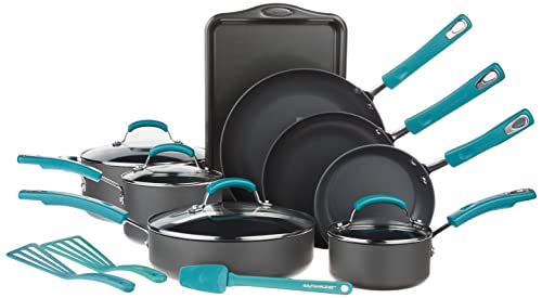 Rachael Ray Classic Brights Hard Anodized Nonstick Cookware Pots and Pans Set, 15 Piece - Agave Blue