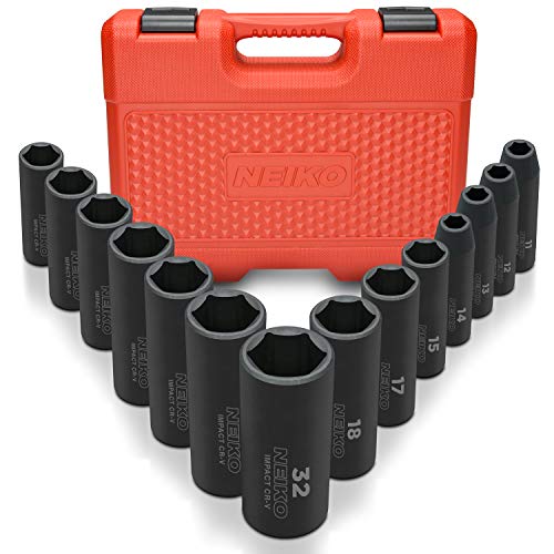 Neiko 02475A 1/2' Drive Deep Impact Socket Set, 14 Piece | 6 Point Metric Sizes (11-32 mm) | Cr-V Steel