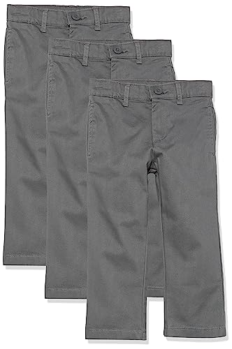 Amazon Essentials Boys' Uniform Straight-Fit Flat-Front Chino Khaki Pants, Pack of 3, Grey, 10
