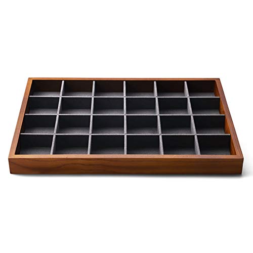 Oirlv 24 Grid Wood Jewelry Tray Microfiber Interior Jewelry Drawer Organizer Showcase Display Box Ring Earrings Holder(Grey)