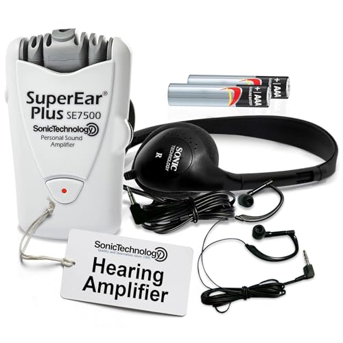 SuperEar Personal Sound Amplifier, Pocket Sound Amplifier, Headphones & Discreet Earbuds w/Auto Shut off & Case, On/Off Volume Control, Hearing Amplifier for Seniors and Audiologists - Plus SE7500