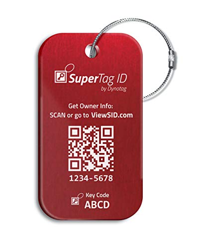 Dynotag Sentry Series Solid Metal Web Enabled Smart Luggage ID Tag + Steel Loop, w. DynoIQ & Lifetime Recovery Service (Ruby Red, Anodized Aluminum)