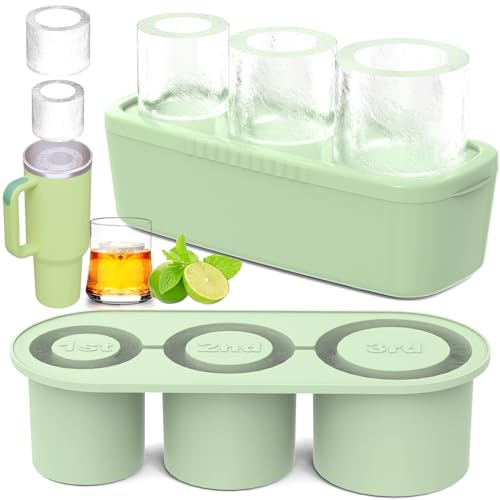 Ice Cube Tray for Tumbler Cup 30Oz-40Oz, 3 Pcs Silicone Cylinder Ice Mold with Lid and Bin for Freezer, Easy Fill and Release Ice Maker for Whiskey, Cocktail BPA-Free(Green, 40 Oz)