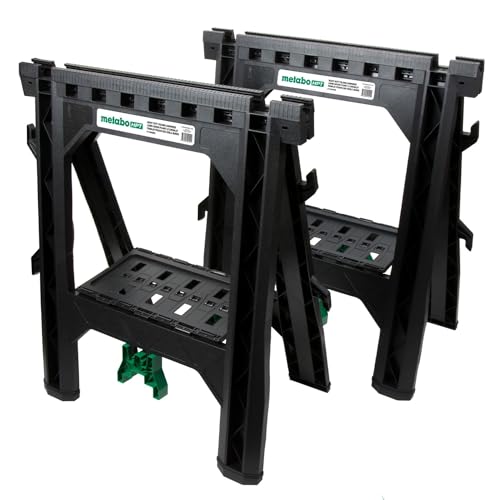 Metabo HPT Sawhorses 2 Pack Folding Heavy Duty, Weather-Resistant Lightweight Portable, 1200Lb Capacity, Saw horses brackets 2x4, Built-in Saw Horse Shelf and Cord Hooks, Fold Flat, 115445M