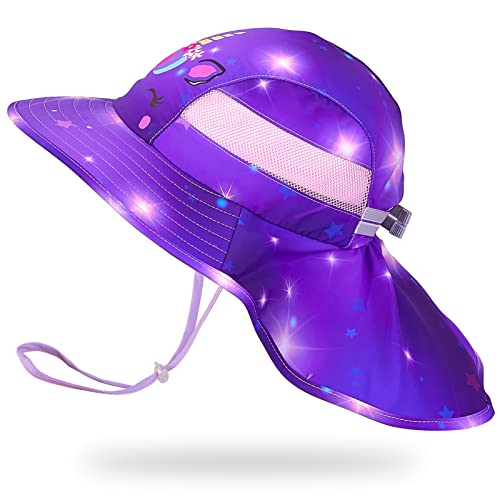 Kids Sun Hat UV Protection Unicorn Summer Beach Play Hats Wide Brim Neck Flap for Girls 2-9 Years, Dark Purple