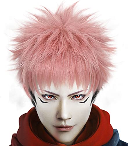 Anogol Hair Cap+Short Wavy Wigs for Men Pink Ombre Black Cosplay Wigs with Bangs for Anime Costume Wig for Halloween Party