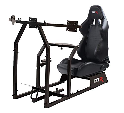 GTR Simulator GTA-F Model Black Frame Triple | Single Monitor Stand with Black Adjustable Leatherette Seat Racing Driving Gaming Simulator Cockpit Chair