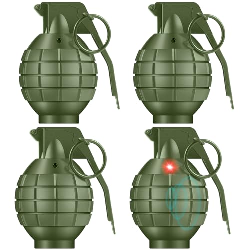 Sratte 4 Pcs Plastic Hand Grenades with Realistic Sound Effects and Flashing Light, Toy Grenades Fake Grenade Military Toys for Army Role Play Prop (Green)