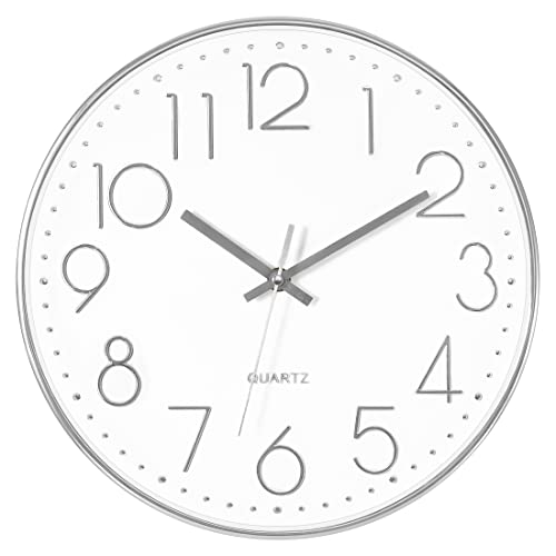 Foxtop Silver Wall Clock Silent Non-Ticking Battery Operated Round Modern Wall Clock for Office School Home Living Room Bedroom Bathroom Kitchen Decor 12 inch