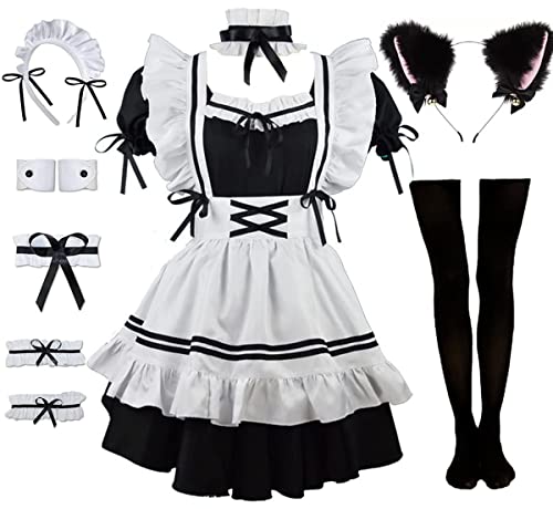 Rickem Ladies Anime Cosplay French Black white bow Apron Dress Halloween Makeup Costume (XX-Large, Black)