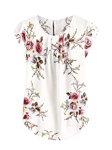 Milumia Women's Elegant Floral Print Petal Cap Sleeve Pleated Vacation Office Work Blouse Top Beige X-Large