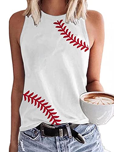 MHTOR Baseball O-Neck Tank Women Print Baseball Tanks Cute Workout Graphic Casual Summer Sleeveless Vest Top(Medium,White-02)
