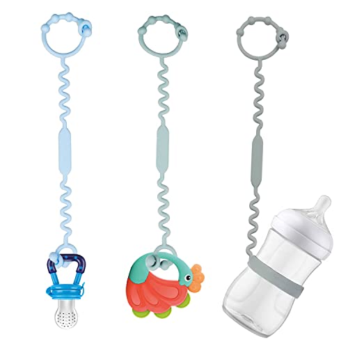 Toy Straps, Pacifier Holder Clip with Self-Adjusting Bayonet, Pure Silicone Material Without BPA; Can Be Used for Teethers, Feeding Bottles, Toys, Baby Cribs, High Chairs(Blue-3ps)