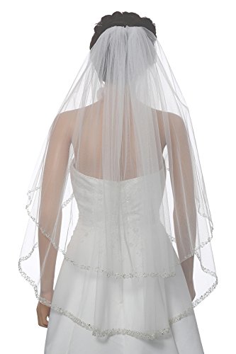 SAMKY 2T 2 Tier Dual Edge Embroided Pearl Crystal Beaded Veil - Light Ivory Fingertip Length 36' V453