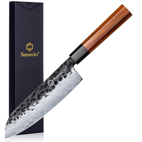 Sunnecko Santoku Knife 7 Inch, Kitchen Santoku Knife Japanese 9CR18MOV 3-Layered High Carbon Stainless Steel Sushi Knife Wooden Handle