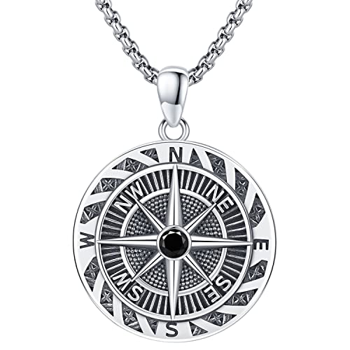 Freesloth Compass Necklace for Men 925 Sterling Silver Nautical Viking Necklaces Amulet Black Pendant Compass Navigational Jewelry Memorial Gifts for Boy Women Father Son