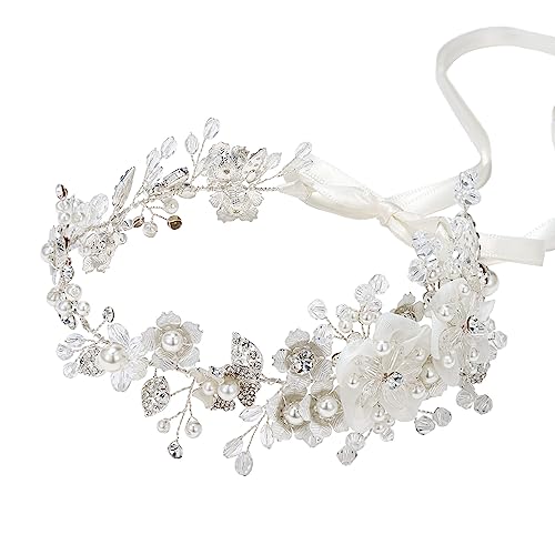 SWEETV Pearl Bridal Headband Sliver Wedding Headpieces for Bride, Crystal Flower Hair Accessories for Women Girls