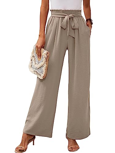 Heymoments Women's Wide Leg Lounge Pants with Pockets Wheat Medium Lightweight High Waisted Adjustable Tie Knot Loose Comfy Casual Trousers