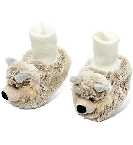 DolliBu Gray Wolf Soft Plush Baby Shoes - Soft & Fluffy Wild Life Fleece Unisex Footwear With Stuffed Animal Wolf For Baby Boy or Girl - Fuzzy Indoor Slipper, Winter Foot Warmer - One Size