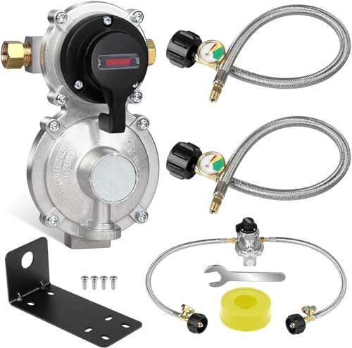 NQN 2-Stage Automatic Changeover LP Propane Gas Regulator with Two 18' RV Pigtail Propane Hoses with Gauge, Stainless Braided QCC1 1/4' Inverted Male Flare