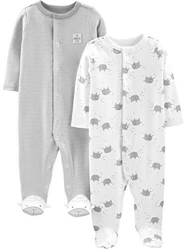 Simple Joys by Carter's Baby Neutral 2-Pack Cotton Footed Sleep and Play, Light Grey Mini Stripe/White Elephant, 0-3 Months