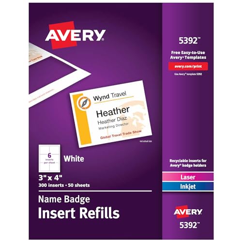 Avery Customizable Name Badge Inserts, 3' x 4', White, 300 Printable Name Tag Inserts (5392)