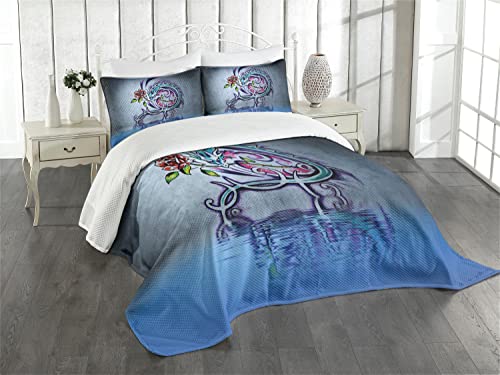 Lunarable Dragon Bedspread, Flower Swirling Twiggy Dragon on Wall Graffiti Inspired Art Red Rose Water, Decorative Quilted 3 Piece Coverlet Set with 2 Pillow Shams, King Size, Blue