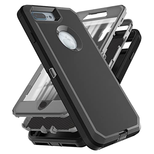 YmhxcY for iPhone 8 Plus / 7 Plus Case with Built in Screen Protector Drop Proof 3-Layer Durable Cover/Shockproof Armor Drop Protection Solid Rubber Case for iPhone 7+/8+ 5.5 Black and Grey