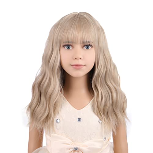 PATTNIUM Blonde Wig Kids Child Wig Short Wavy Wig with Bangs Flaxen Blonde Wig Synthetic Girls Wig Cosplay Halloween Party Costume Wig (Flaxen Blonde)