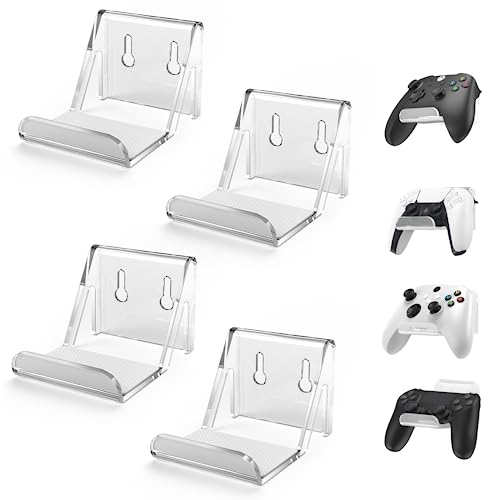 6amLifestyle 4 Pack Controller Holder Stand with Anti-Slip Pads for PS5 PS4 Xbox One Switch Pro Gamepad Controller Wall Mount Adhesive/Screws, Universal Hanger Hook Accessories, Acrylic Clear