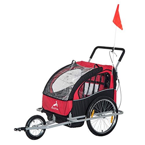Aosom Elite Three-Wheel Bike Trailer for Kids Bicycle Cart for Two Children with 2 Security Harnesses & Storage, Red
