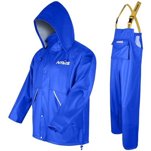 NAVIS MARINE Men's Rain Suits PU Workwear Weatherproof Rain Gear Jacket BIB Pants Heavy Duty Rainwear (Navy, X-Large)