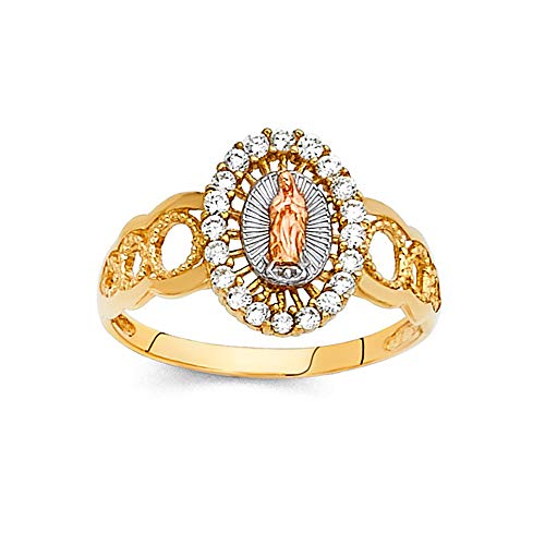 Savlano 18K Gold Plated Yellow White & Rose Tri Color Lady of Guadalupe Virgin Mary with Round Cut Cubic Zirconia Women's Girl's Religious Ring Comes With Gift Box