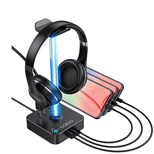 RGB Headphone Stand with USB Charger COZOO Desktop Gaming Headset Holder Hanger with 3 USB Charger and 2 Outlets - Suitable for Gaming, DJ, Wireless Earphone Display,Game Accessories Boyfriend Gifts